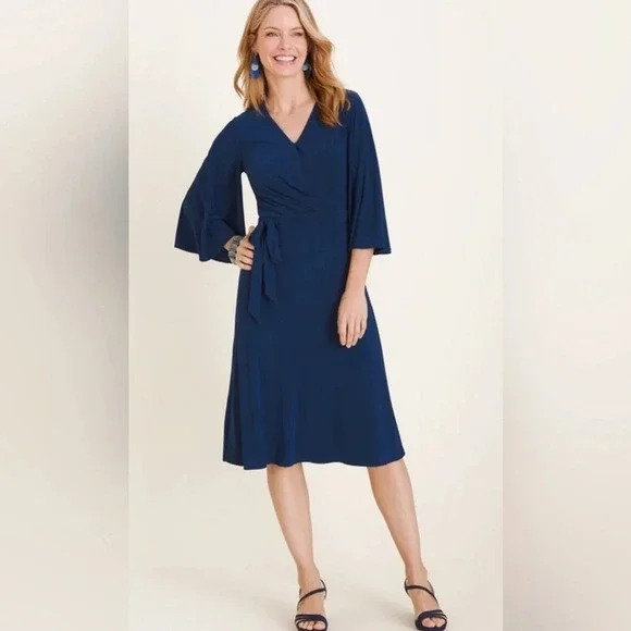 Chicos Faux Wrap Dress Navy V Neck Kimono Sleeves Midi A Line Work Size 2 US Lg - Picture 3 of 10